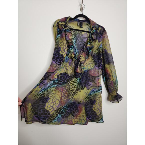 Vintage y2k Bisou Bisou Long Sleeve Flowy All Over Animal Print Sheer Ruffles - Picture 3 of 6